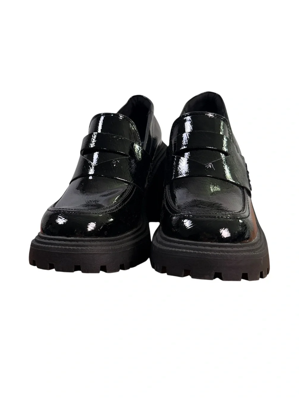 A New Day Black Patent Platform Loafers Size 9 Chunky Lug Sole Block Heel